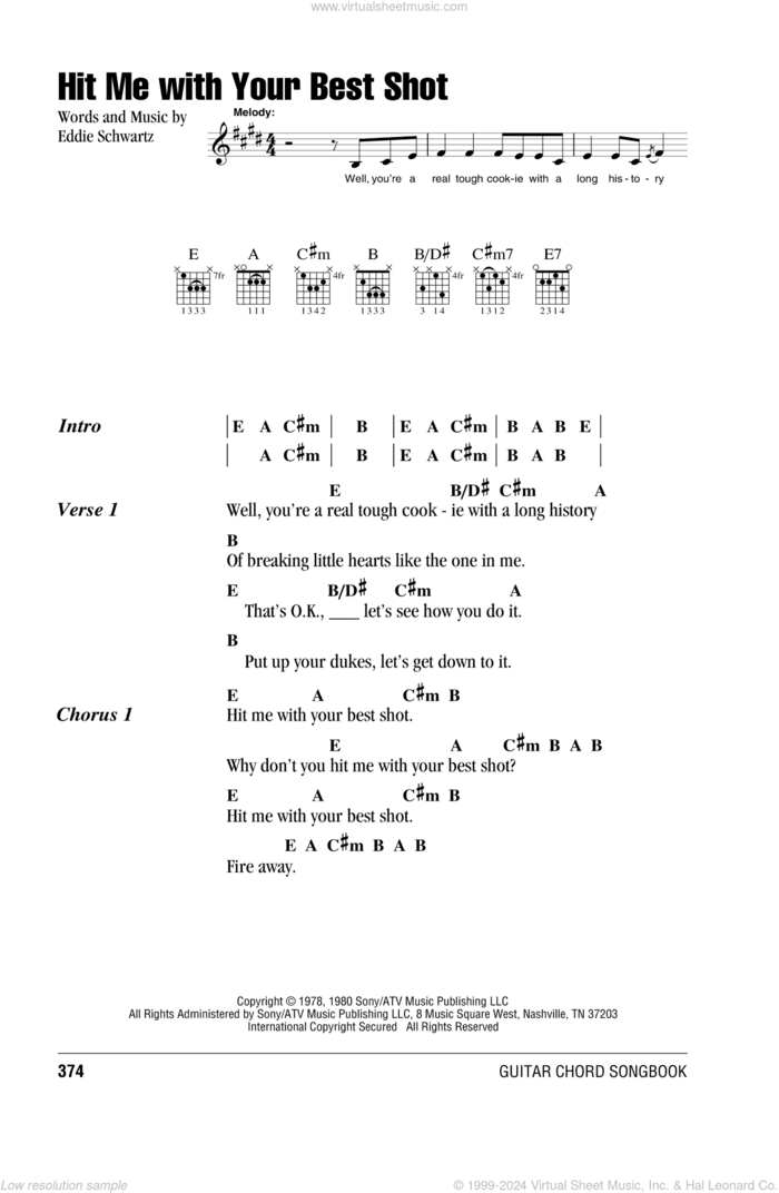 Hit Me With Your Best Shot sheet music for guitar (chords) by Pat Benatar and Eddie Schwartz, intermediate skill level