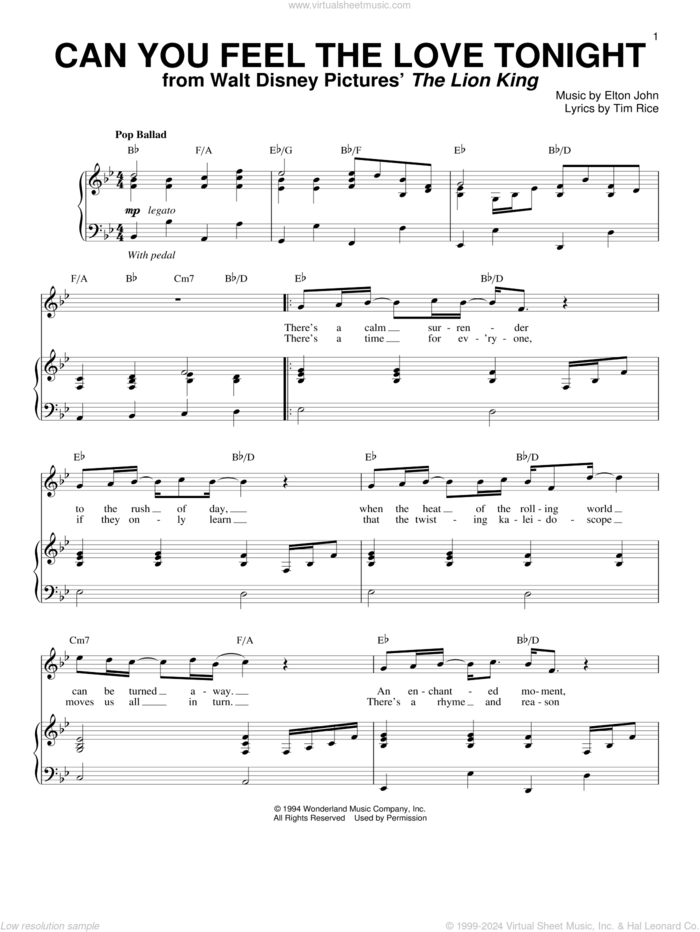 Can You Feel The Love Tonight (from The Lion King) sheet music for voice and piano by Elton John, The Lion King and Tim Rice, wedding score, intermediate skill level