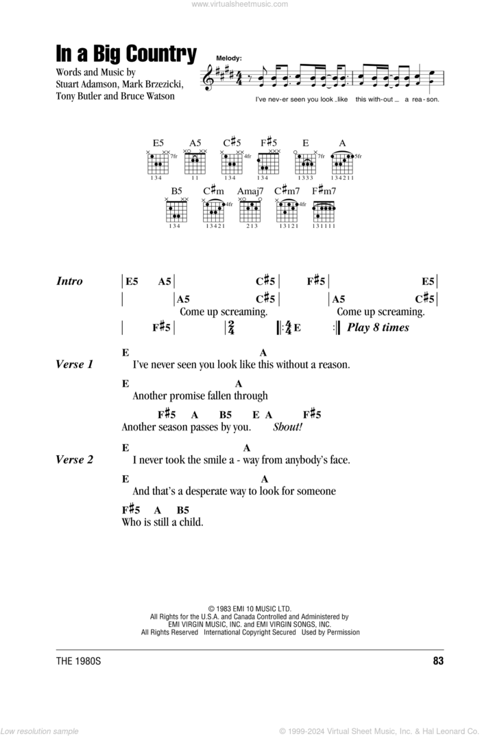 In A Big Country sheet music for guitar (chords) by Big Country, Bruce Watson, Mark Brzezicki, Stuart Adamson and Tony Butler, intermediate skill level