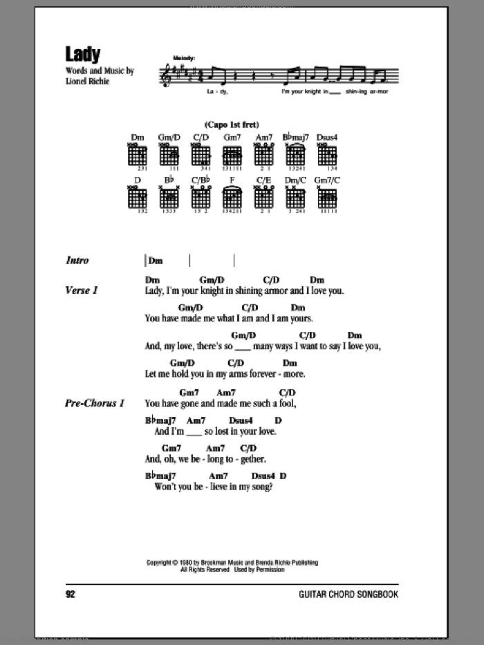 Lady sheet music for guitar (chords) by Lionel Richie and Kenny Rogers, wedding score, intermediate skill level
