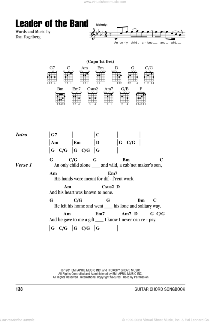 Leader Of The Band sheet music for guitar (chords) by Dan Fogelberg, intermediate skill level