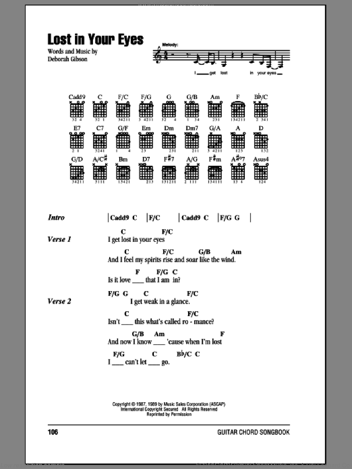 Lost In Your Eyes sheet music for guitar (chords) by Debbie Gibson and Deborah Gibson, intermediate skill level