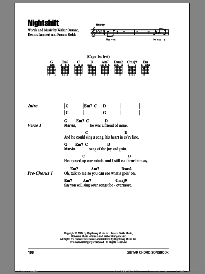 Nightshift sheet music for guitar (chords) by The Commodores, Dennis Lambert, Franne Golde and Walter Orange, intermediate skill level