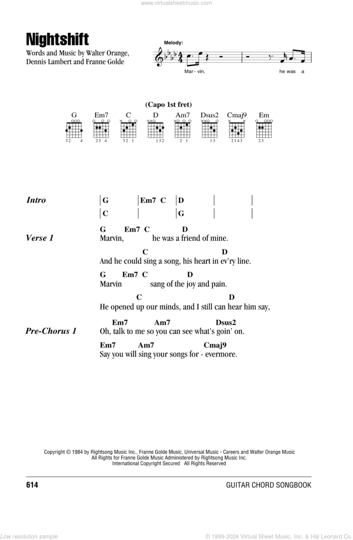 Nightshift sheet music for guitar (chords) by The Commodores, Dennis Lambert, Franne Golde and Walter Orange, intermediate skill level