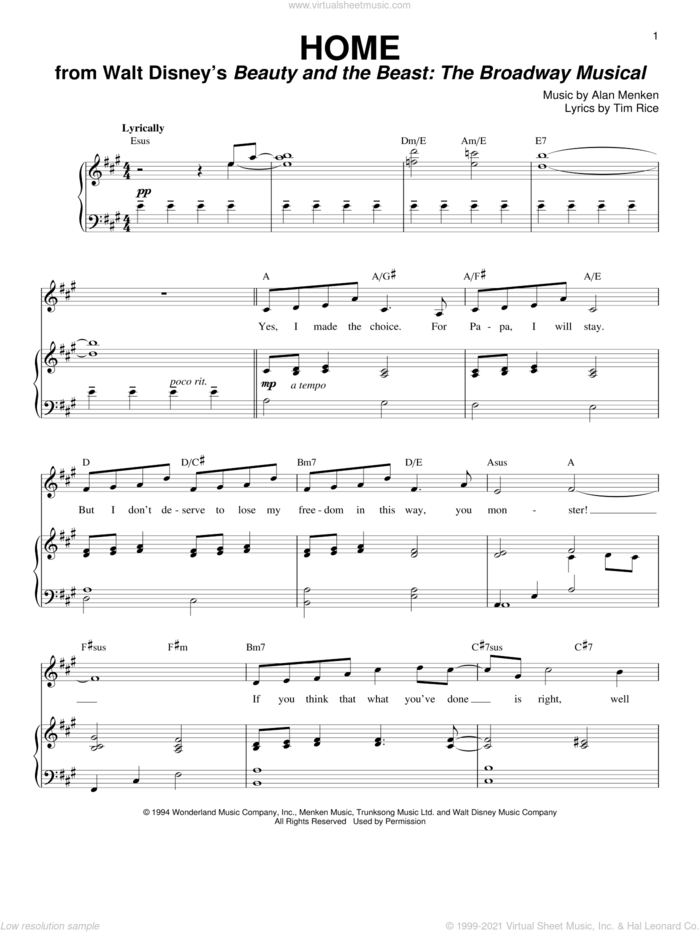 Home sheet music for voice and piano by Alan Menken, Beauty And The Beast and Tim Rice, intermediate skill level