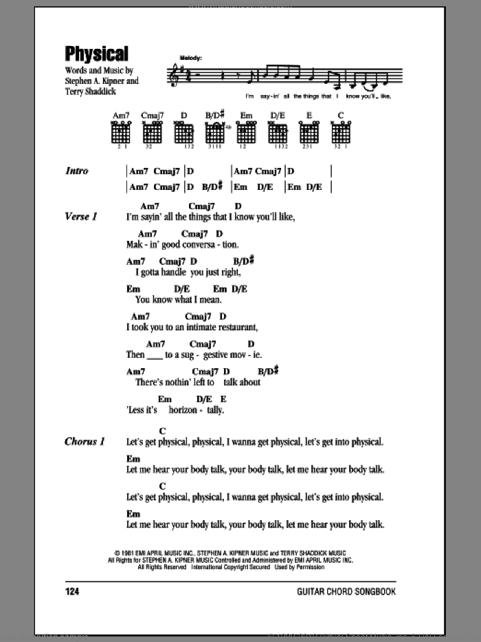 Physical sheet music for guitar (chords) by Olivia Newton-John, Stephen A. Kipner and Terry Shaddick, intermediate skill level