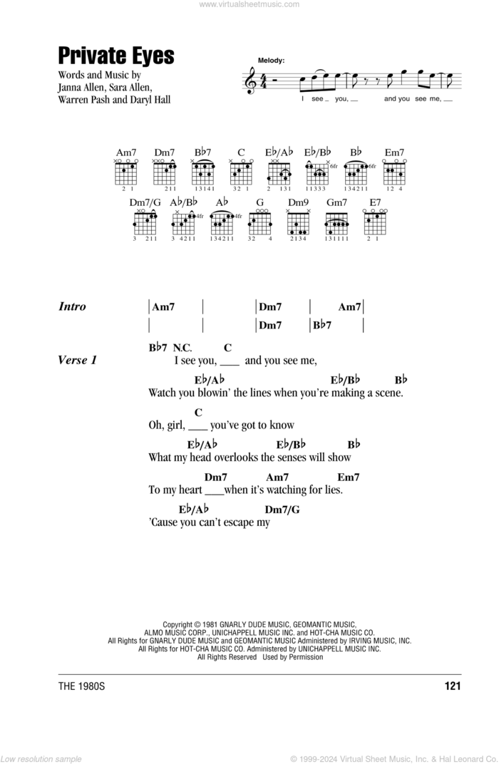 Private Eyes sheet music for guitar (chords) by Hall and Oates, Daryl Hall, Janna Allen, Sara Allen and Warren Pash, intermediate skill level