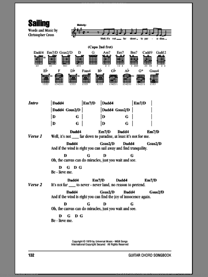 Sailing sheet music for guitar (chords) by Christopher Cross, intermediate skill level