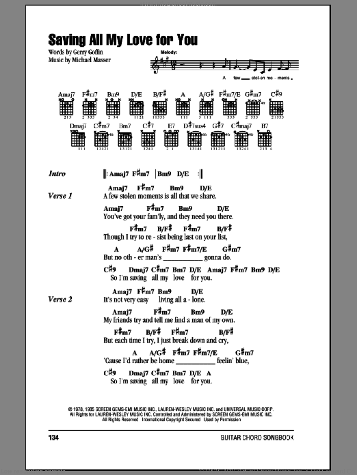 Saving All My Love For You sheet music for guitar (chords) by Whitney Houston, Gerry Goffin and Michael Masser, wedding score, intermediate skill level