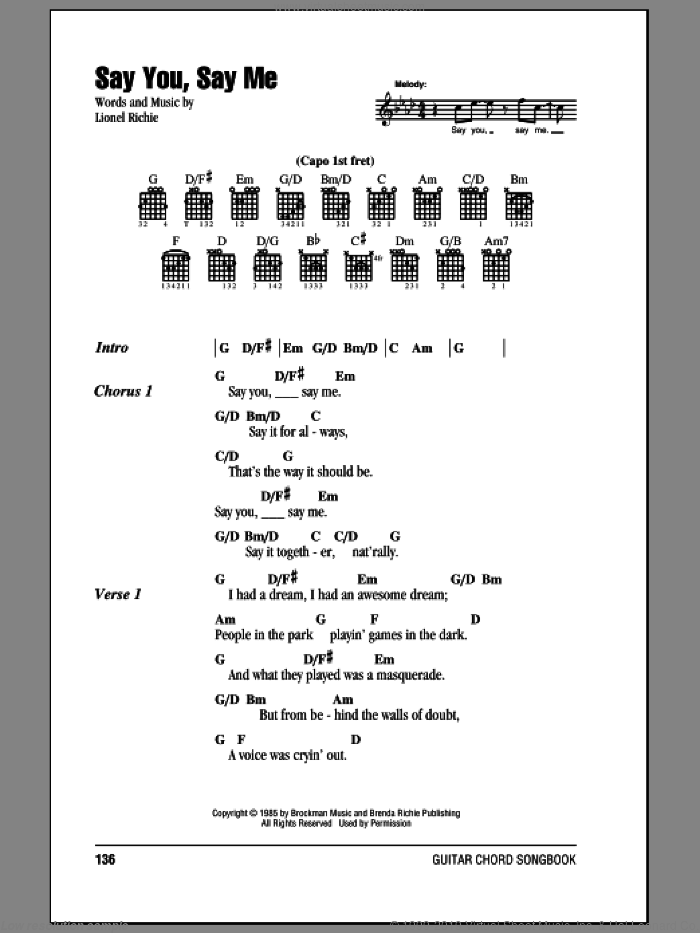 Say You, Say Me sheet music for guitar (chords) by Lionel Richie, intermediate skill level