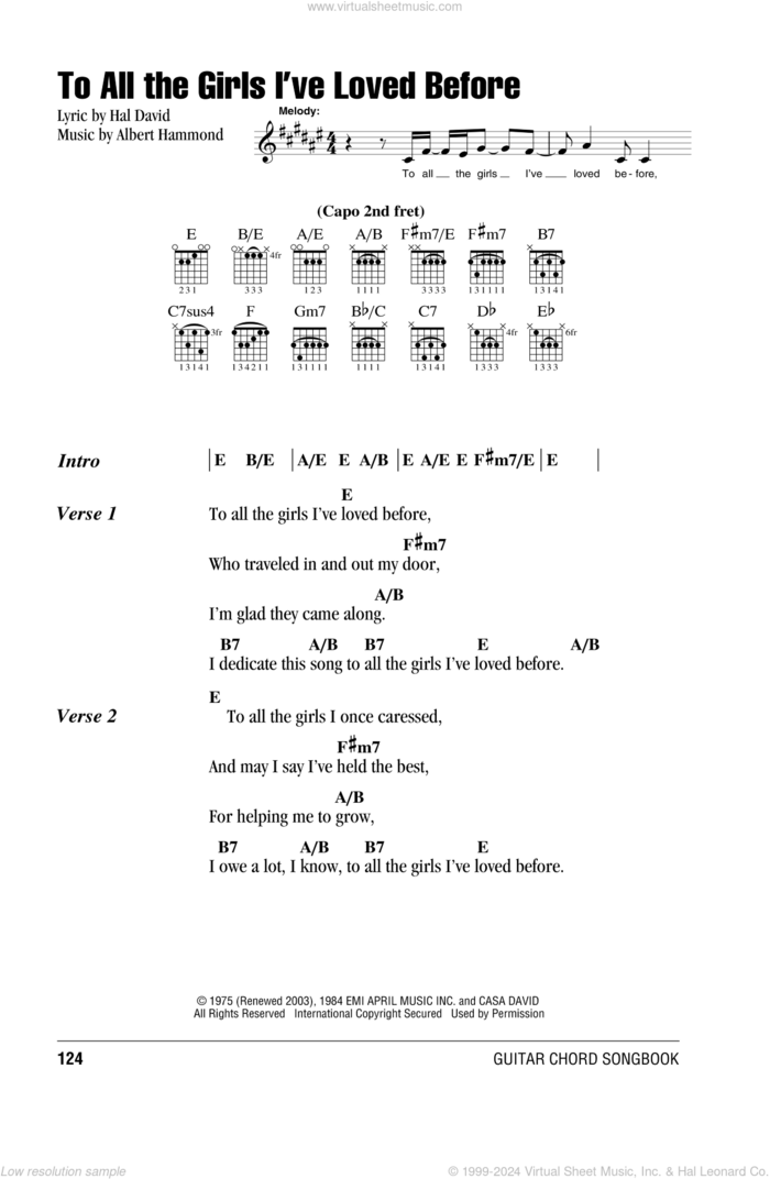 To All The Girls I've Loved Before sheet music for guitar (chords) by Julio Iglesias & Willie Nelson, Albert Hammond and Hal David, intermediate skill level