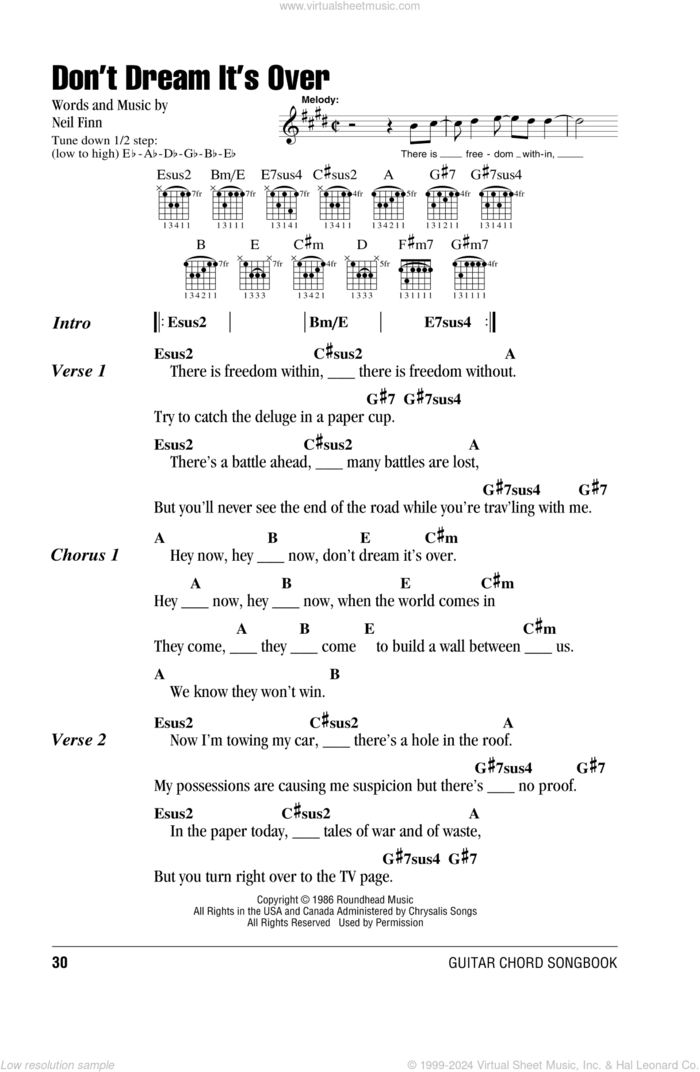 Don't Dream It's Over sheet music for guitar (chords) by Crowded House, Donny Osmond and Neil Finn, intermediate skill level