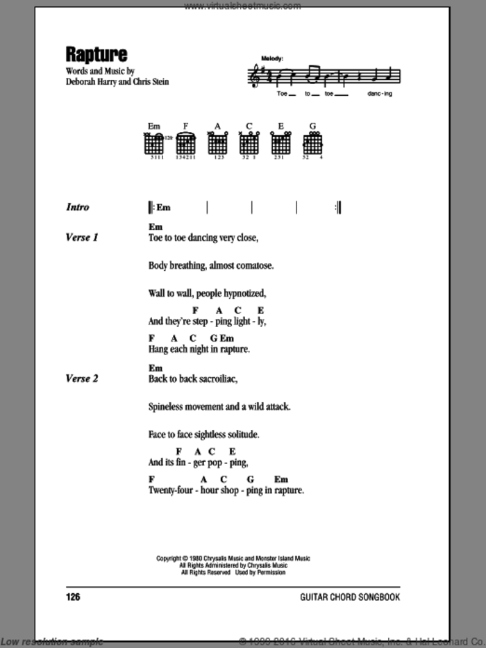 Rapture sheet music for guitar (chords) by Blondie, Chris Stein and Deborah Harry, intermediate skill level