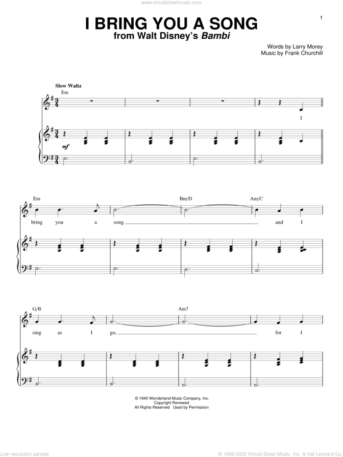 I Bring You A Song sheet music for voice and piano by Larry Morey and Frank Churchill, intermediate skill level