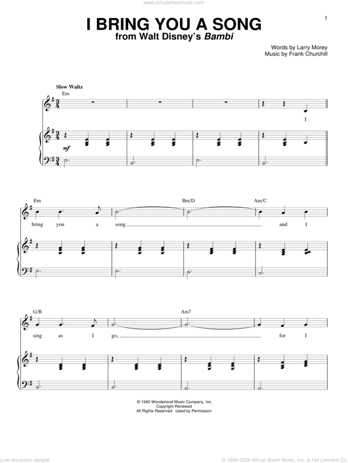 I Bring You A Song sheet music for voice and piano by Larry Morey and Frank Churchill, intermediate skill level