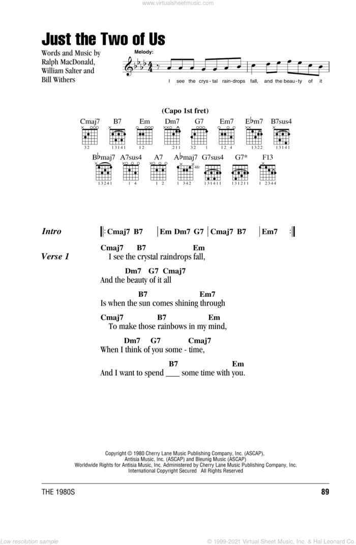 Just The Two Of Us sheet music for guitar (chords) by Grover Washington Jr. feat. Bill Withers, Grover Washington Jr., Bill Withers, Ralph MacDonald and William Salter, wedding score, intermediate skill level