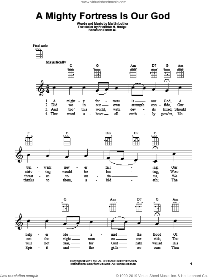 A Mighty Fortress Is Our God sheet music for ukulele by Martin Luther and Frederick H. Hedge, intermediate skill level