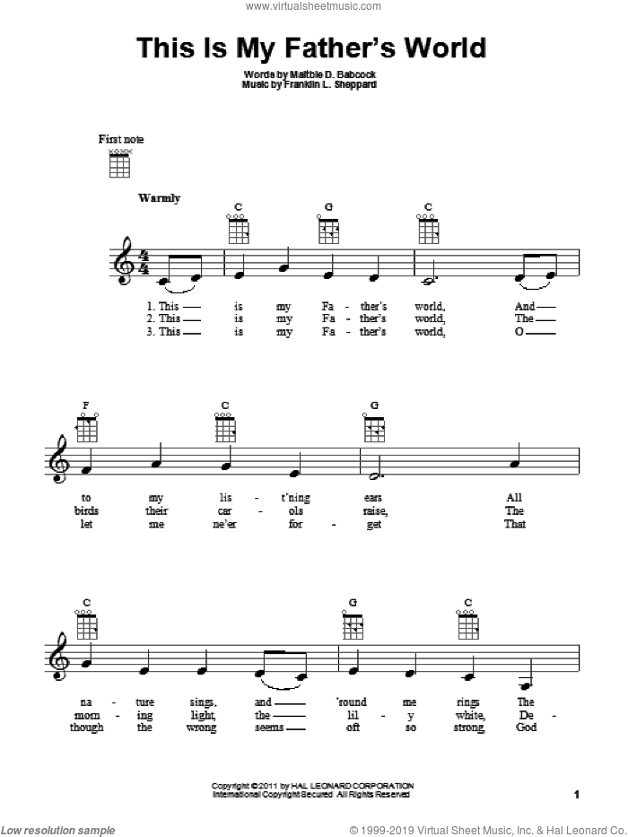 This Is My Father's World sheet music for ukulele by Maltbie D. Babcock and Franklin L. Sheppard, intermediate skill level