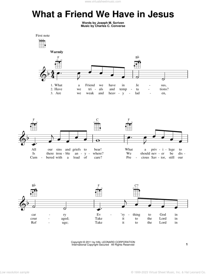 What A Friend We Have In Jesus sheet music for ukulele by Joseph M. Scriven and Charles C. Converse, intermediate skill level
