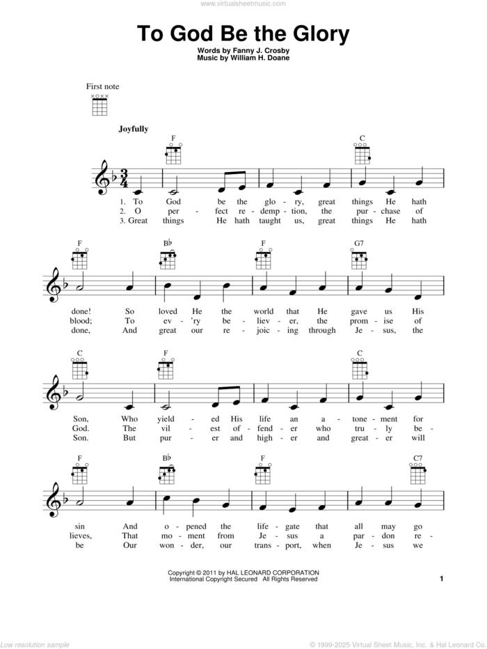 To God Be The Glory sheet music for ukulele by Fanny J. Crosby and William H. Doane, intermediate skill level