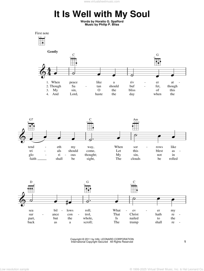 It Is Well With My Soul sheet music for ukulele by Philip P. Bliss and Horatio G. Spafford, intermediate skill level