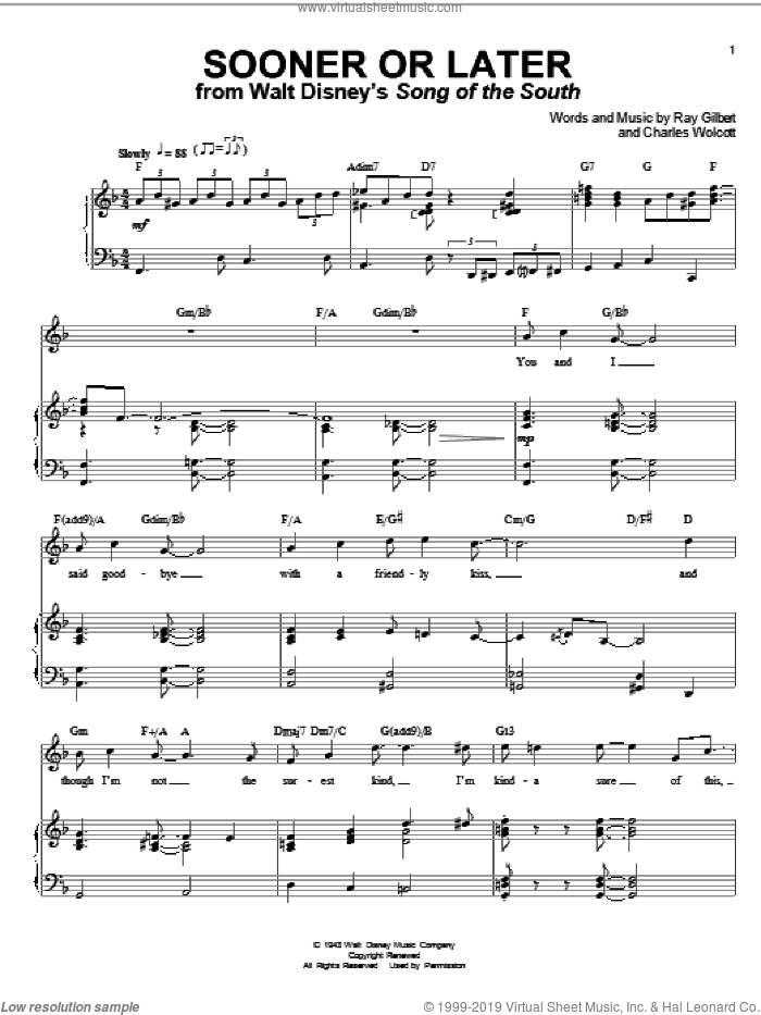 Sooner Or Later sheet music for voice and piano by Ray Gilbert and Charles Wolcott, intermediate skill level
