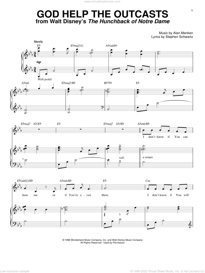 God Help The Outcasts (from The Hunchback Of Notre Dame) sheet music for voice and piano by Bette Midler, Alan Menken and Stephen Schwartz, intermediate skill level