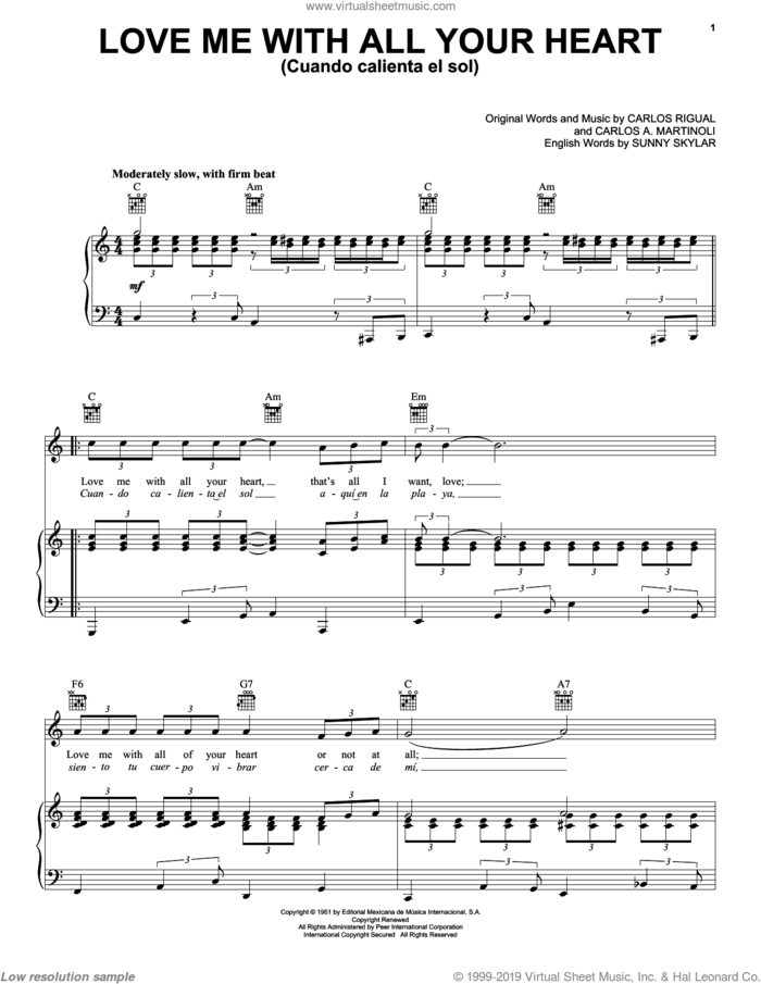 Love Me With All Your Heart (Cuando Calienta El Sol) sheet music for voice, piano or guitar by The Ray Charles Singers, Carlos A. Martinoli, Carlos Rigual and Sunny Skylar, intermediate skill level