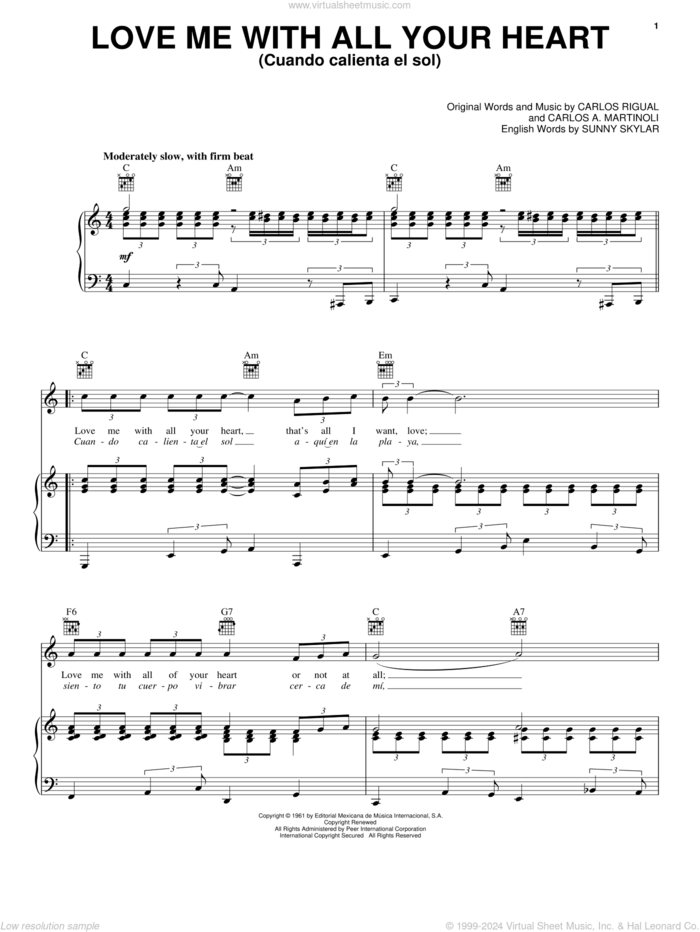 Love Me With All Your Heart (Cuando Calienta El Sol) sheet music for voice, piano or guitar by The Ray Charles Singers, Carlos A. Martinoli, Carlos Rigual and Sunny Skylar, intermediate skill level