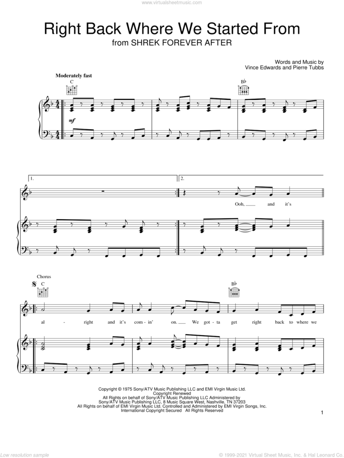 Right Back Where We Started From sheet music for voice, piano or guitar by Maxine Nightingale, Pierre Tubbs and Vince Edwards, intermediate skill level
