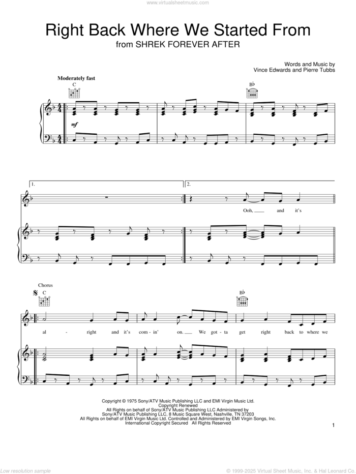 Right Back Where We Started From sheet music for voice, piano or guitar by Maxine Nightingale, Pierre Tubbs and Vince Edwards, intermediate skill level