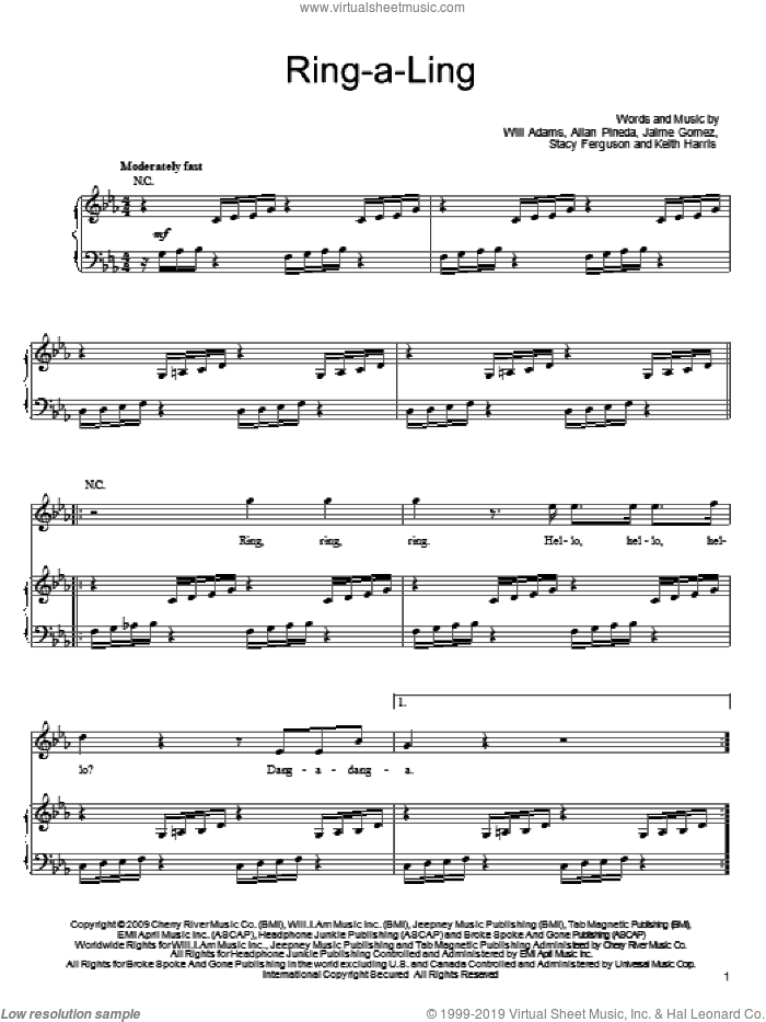 Ring-A-Ling sheet music for voice, piano or guitar by Will Adams, Black Eyed Peas, Allan Pineda, Jaime Gomez, Keith Harris and Stacy Ferguson, intermediate skill level