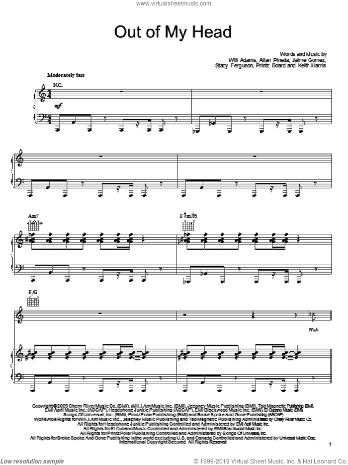 Out Of My Head sheet music for voice, piano or guitar by Will Adams, Black Eyed Peas, Allan Pineda, Jaime Gomez, Keith Harris, Priese Printz Board and Stacy Ferguson, intermediate skill level
