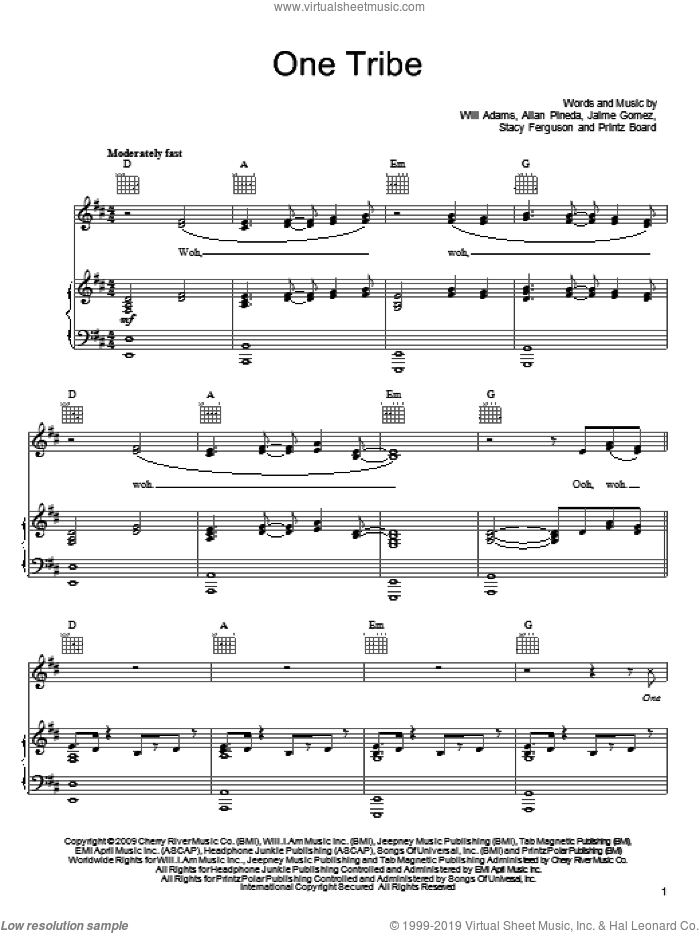 One Tribe sheet music for voice, piano or guitar by Will Adams, Black Eyed Peas, Allan Pineda, Jaime Gomez, Printz Board and Stacy Ferguson, intermediate skill level