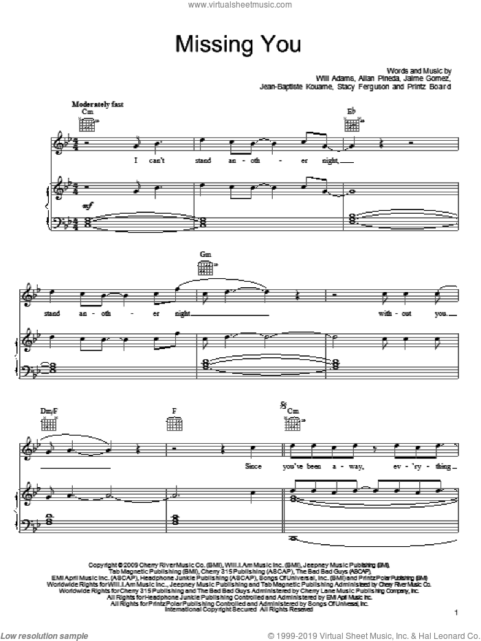 Missing You sheet music for voice, piano or guitar by Will Adams, Black Eyed Peas, Allan Pineda, Jaime Gomez, Jean-Baptiste Kouame, Printz Board and Stacy Ferguson, intermediate skill level