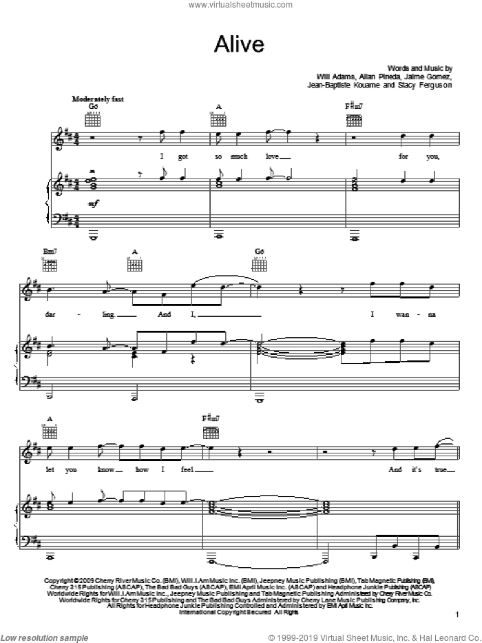 Alive sheet music for voice, piano or guitar by Will Adams, Black Eyed Peas, Allan Pineda, Jaime Gomez, Jean-Baptiste Kouame and Stacy Ferguson, intermediate skill level