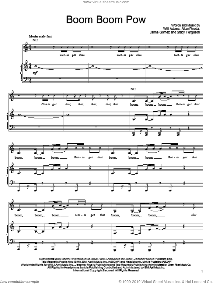 Boom Boom Pow sheet music for voice, piano or guitar by Will Adams, Black Eyed Peas, Allan Pineda, Jaime Gomez and Stacy Ferguson, intermediate skill level