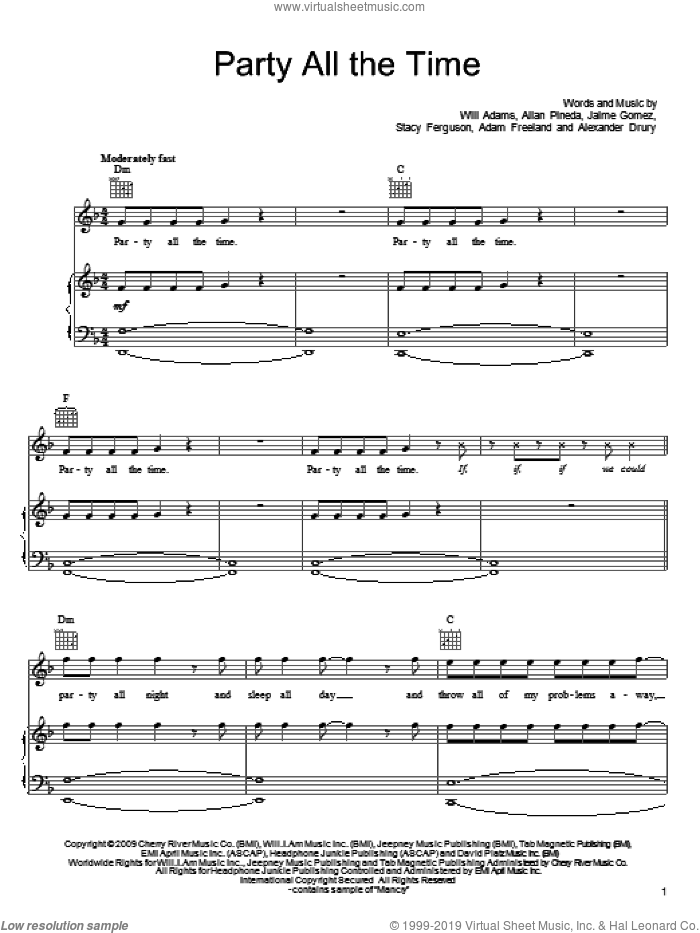 Party All The Time sheet music for voice, piano or guitar by Will Adams, Black Eyed Peas, Adam Freeland, Alexander Drury, Allan Pineda, Jaime Gomez and Stacy Ferguson, intermediate skill level
