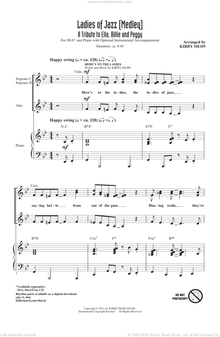 Ladies Of Jazz (Medley) sheet music for choir (SSA: soprano, alto) by Arthur Herzog Jr., Billie Holiday, Ella Fitzgerald, Kirby Shaw and Peggy Lee, intermediate skill level
