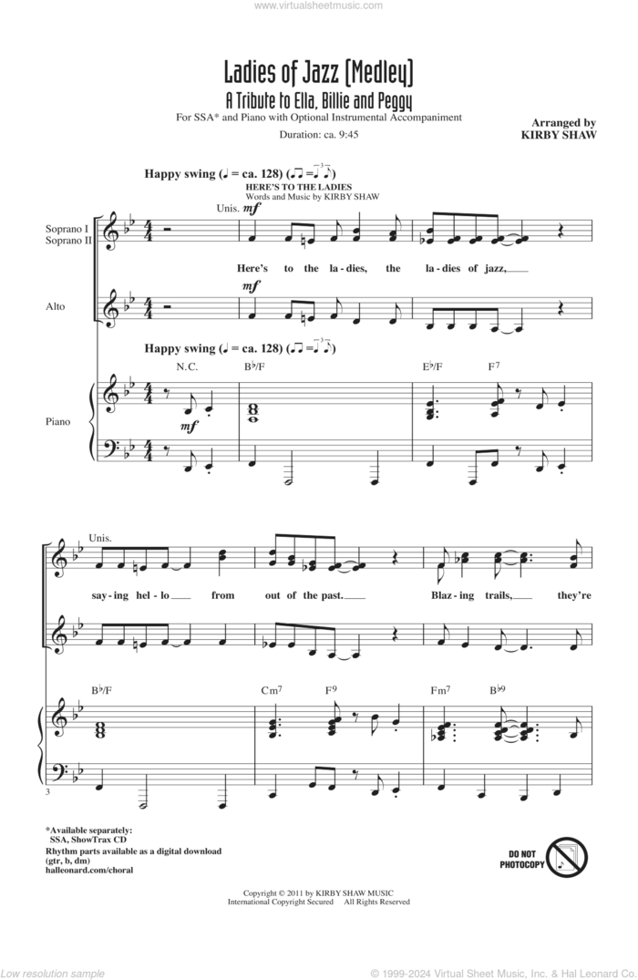 Ladies Of Jazz (Medley) sheet music for choir (SSA: soprano, alto) by Arthur Herzog Jr., Billie Holiday, Ella Fitzgerald, Kirby Shaw and Peggy Lee, intermediate skill level