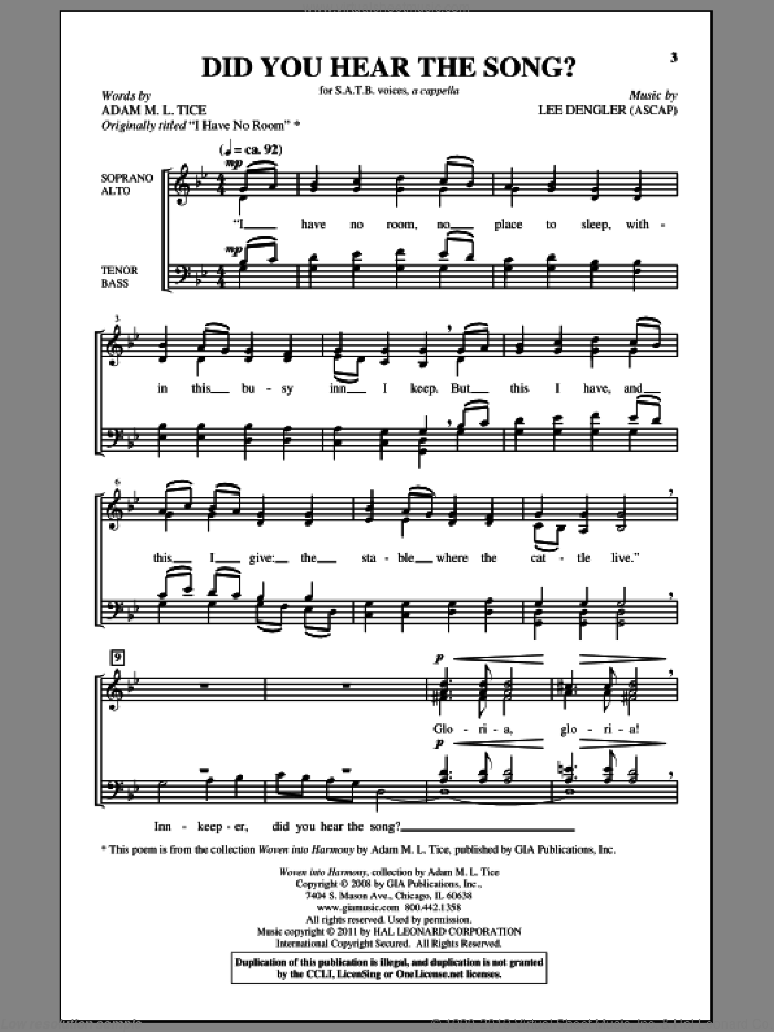 Did You Hear The Song? sheet music for choir (SATB: soprano, alto, tenor, bass) by Lee Dengler and Adam M. L. Tice, intermediate skill level