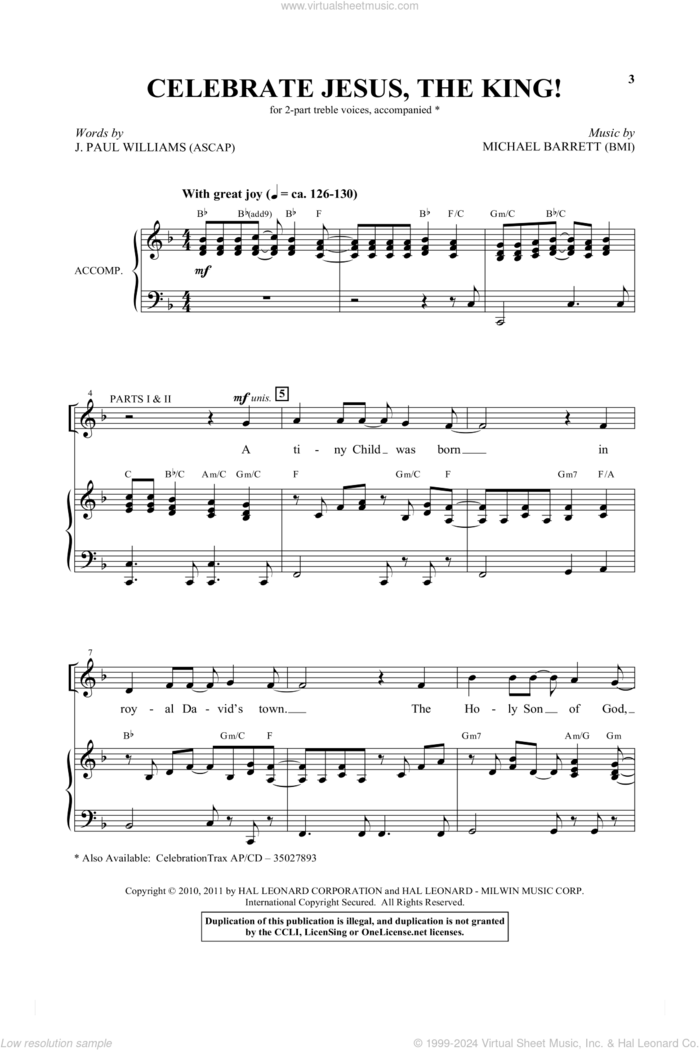 Celebrate Jesus The King sheet music for choir (2-Part) by Michael Barrett and J. Paul Williams, intermediate duet