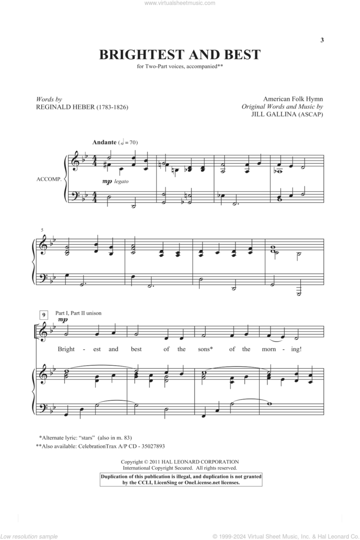 Brightest And Best sheet music for choir (2-Part) by Jill Gallina and Miscellaneous, intermediate duet