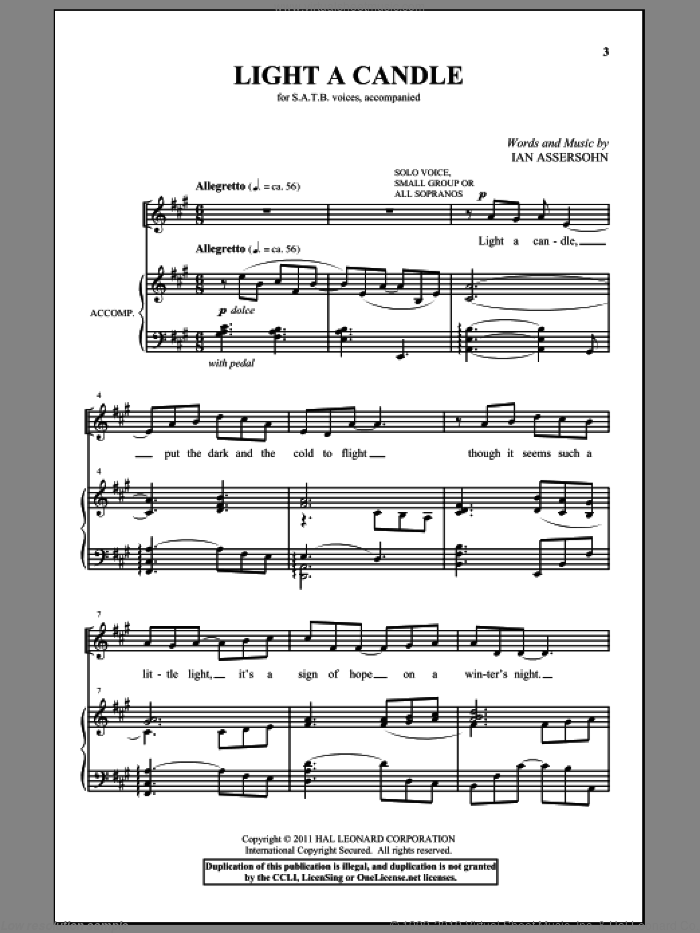 Light A Candle sheet music for choir (SATB: soprano, alto, tenor, bass) by Ian Assersohn, intermediate skill level