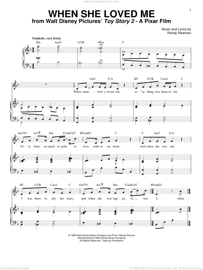 When She Loved Me (from Toy Story 2) sheet music for voice and piano by Sarah McLachlan, Toy Story 2 (Movie) and Randy Newman, intermediate skill level