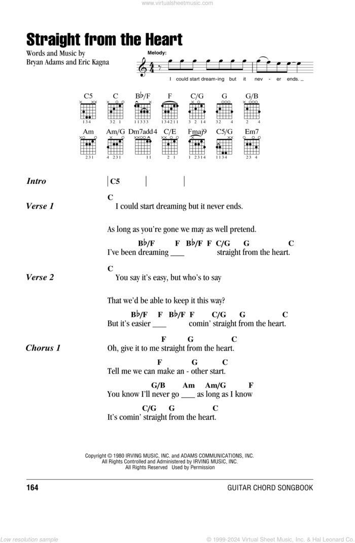 Straight From The Heart sheet music for guitar (chords) by Bryan Adams and Eric Kagna, intermediate skill level