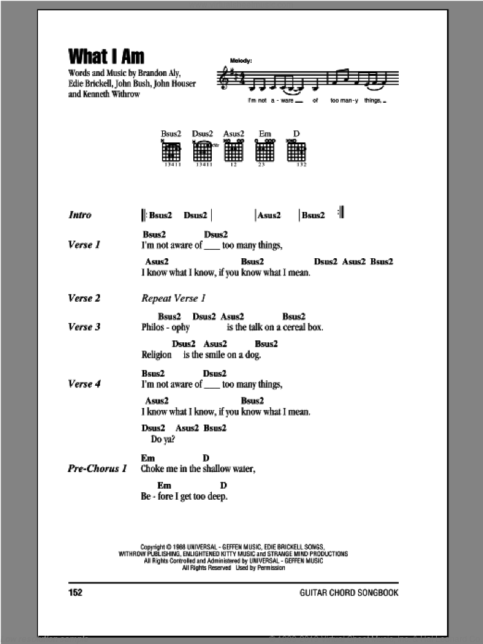 What I Am sheet music for guitar (chords) by Edie Brickell, Brandon Aly, John Bush, John Houser and Kenneth Withrow, intermediate skill level