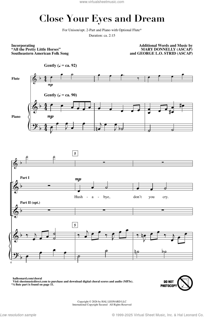 Close Your Eyes And Dream sheet music for choir by Mary Donnelly, George L.O. Strid, Mary Donnelly & George L.O. Strid and Southeastern Amercian Folksong, intermediate skill level