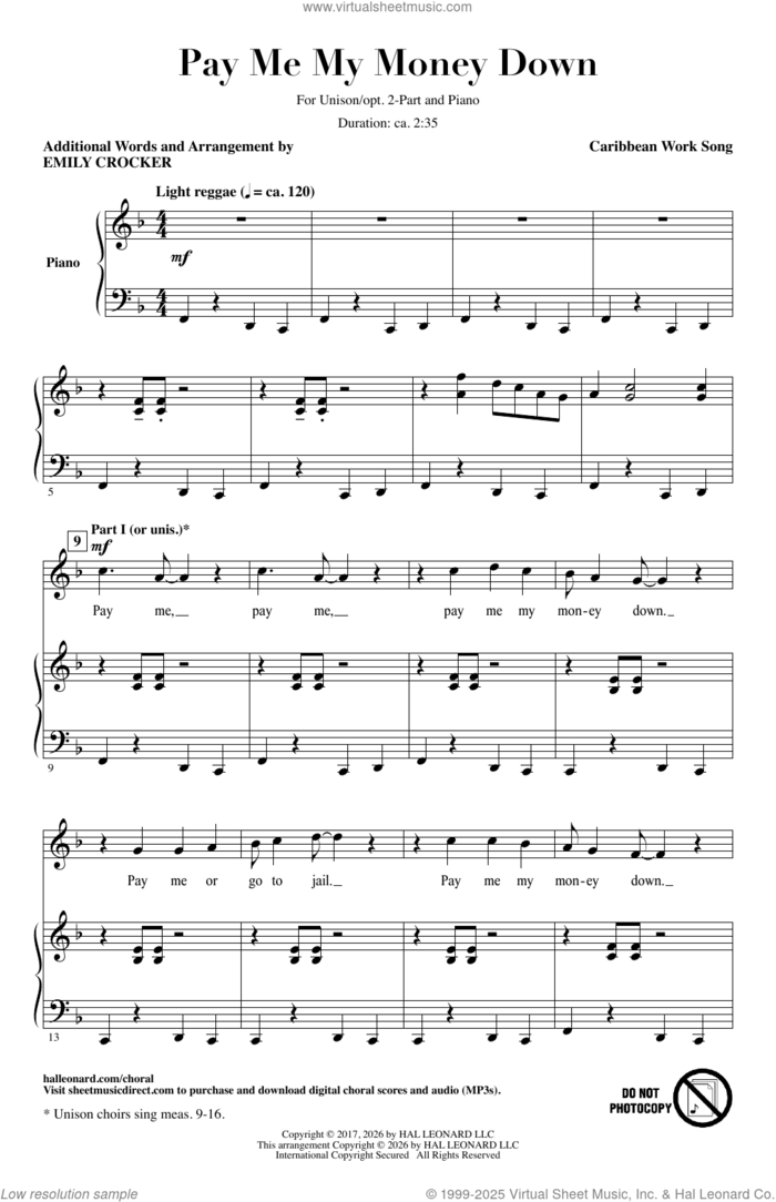 Pay Me My Money Down sheet music for choir by Emily Crocker and Caribbean Work Song, intermediate skill level