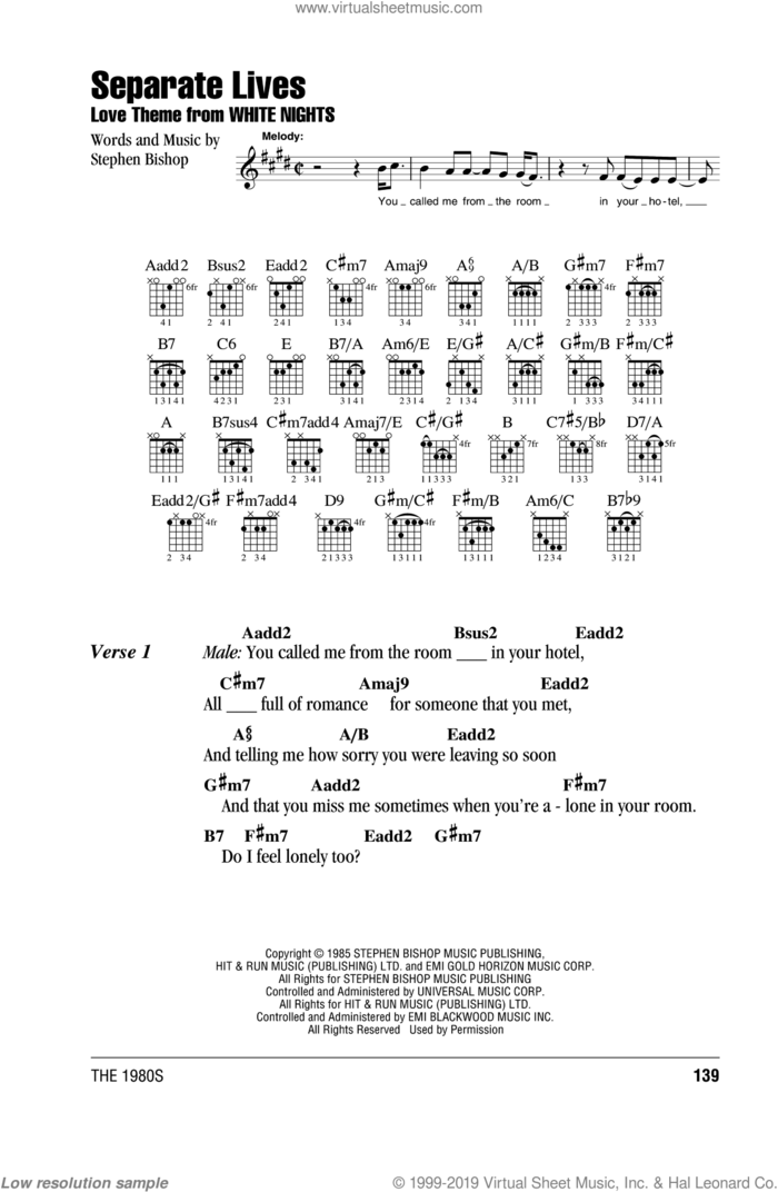 Separate Lives sheet music for guitar (chords) by Phil Collins and Stephen Bishop, intermediate skill level